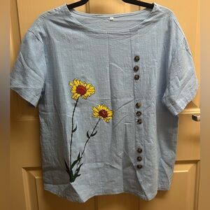 Blue Floral Sunflower Blouse with Button Details